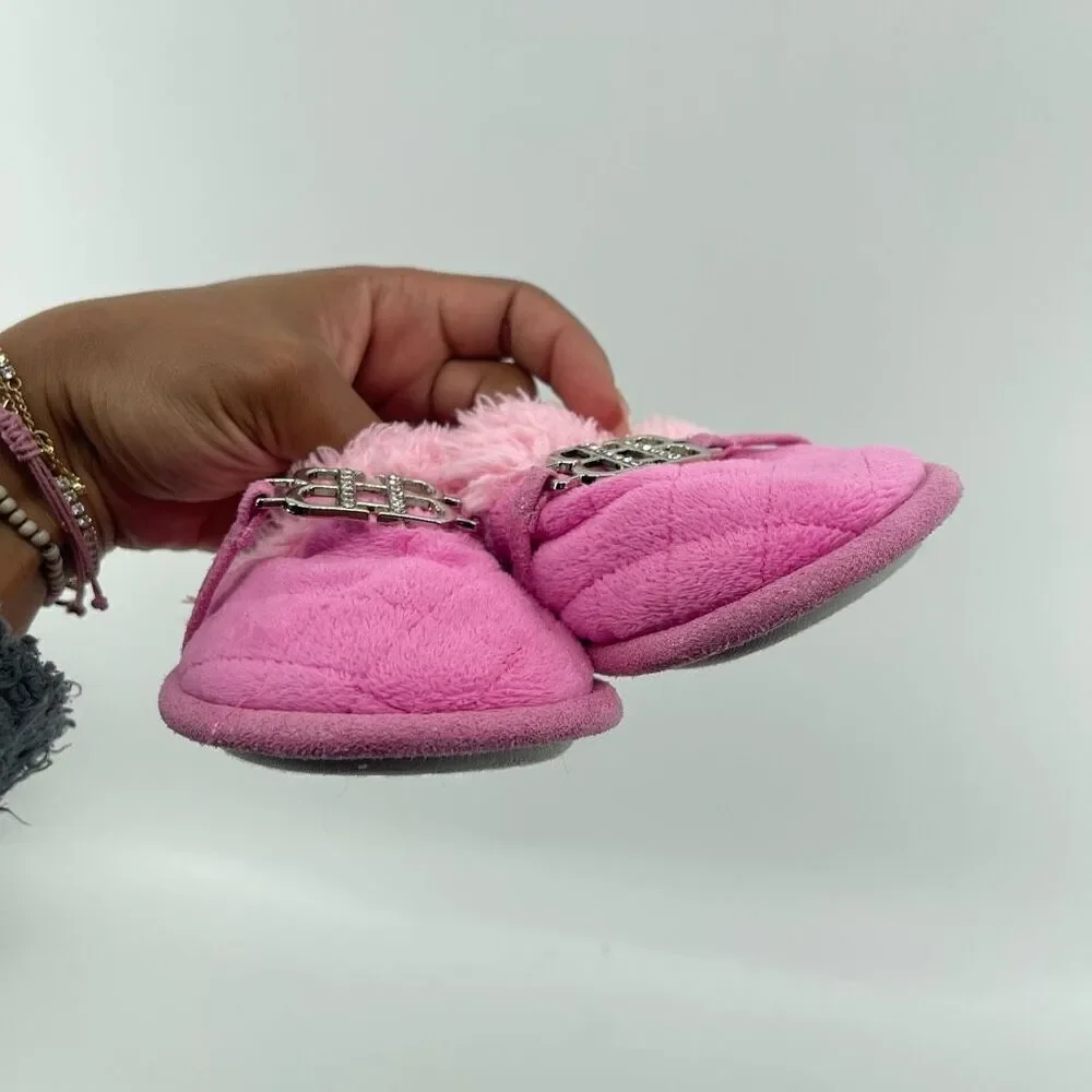 Bebe Girls Pink Plush Faux Fur Slingback Slippers Size 9/10 Cozy Fuzzy Shoes